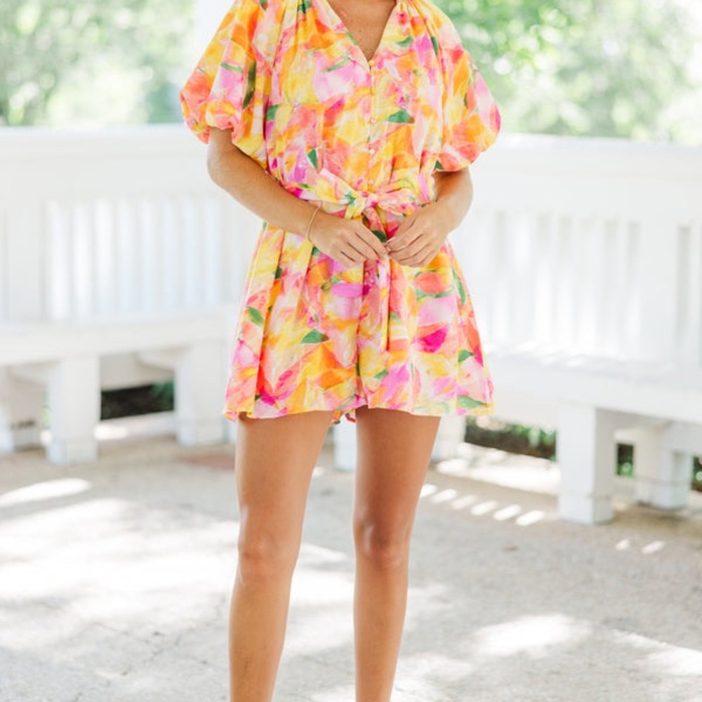 entro Multicolor Watercolor Floral Romper in Pink, Yellow & Orange